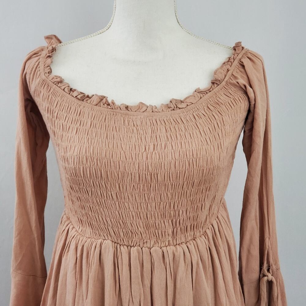 LLove Tan Shirred Smocked Peasant Mini Dress Bell Sleeve Boho Cottagecore NWT S - Picture 2 of 8